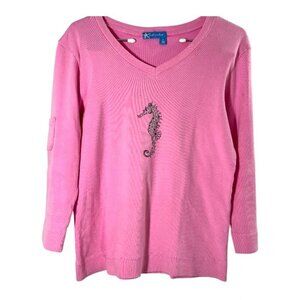Women's Fresh Produce  Pink Beaded Embellished Seahorse V Neck T Shirt Sz Small